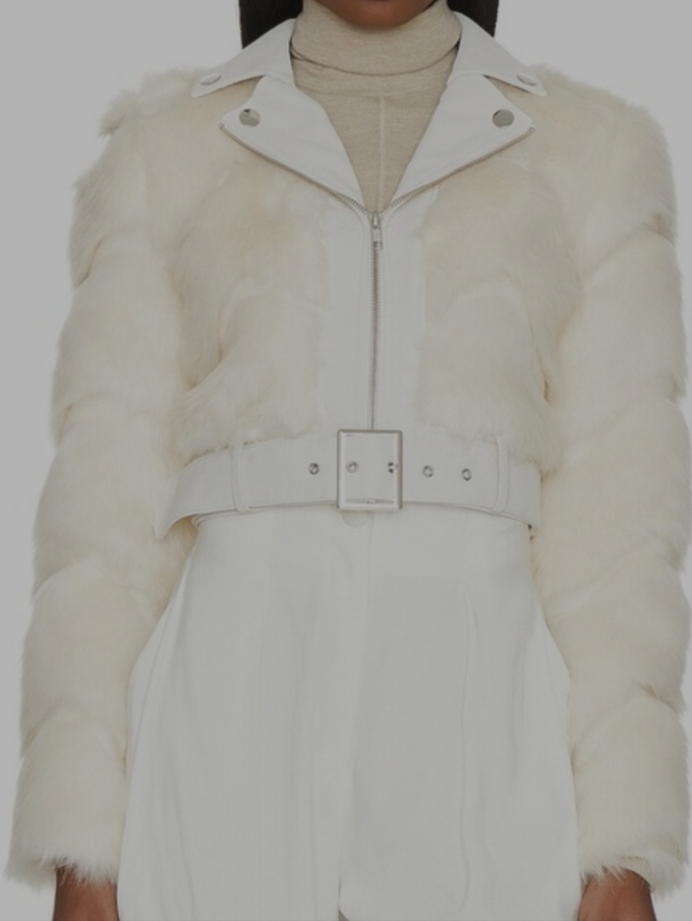 NWOT Camila Coelho Cream Faux Fur Belted Moto Jacket Luxury White Elegance
